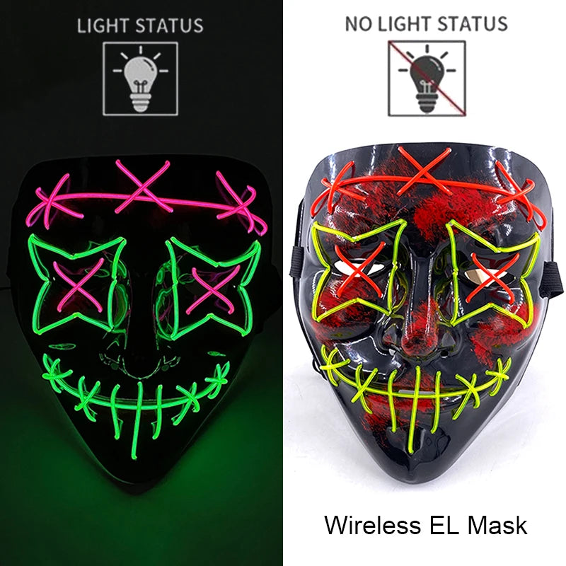 Wireless Neon LED Purge Mask – Glow in the Dark Horror Cosplay Mask for Halloween and Party Dress-Up