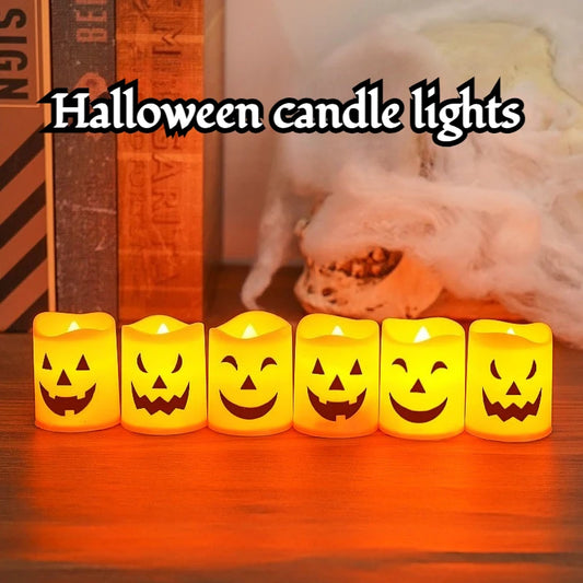 6PCS Halloween LED Candle Lights – Battery Powered Pumpkin, Skull, and Ghost Decorative Lights for Party and Home Décor