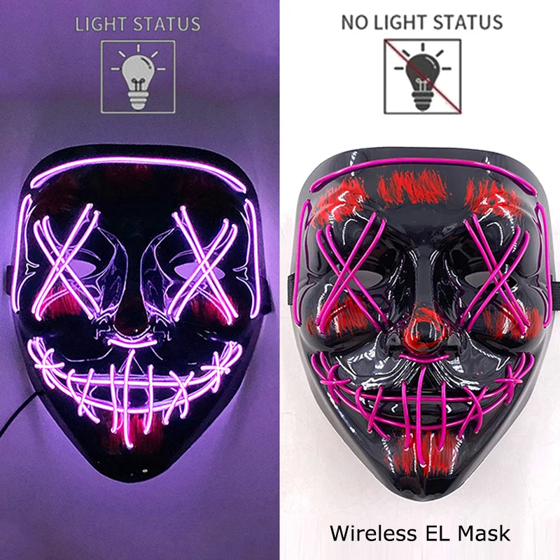 Wireless Neon LED Purge Mask – Glow in the Dark Horror Cosplay Mask for Halloween and Party Dress-Up