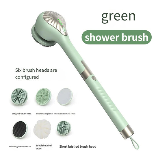 6-in-1 Electric Silicone Bath Brush – USB Rechargeable Rotating Body & Back Scrubber with 6 Interchangeable Heads and 2 Speeds