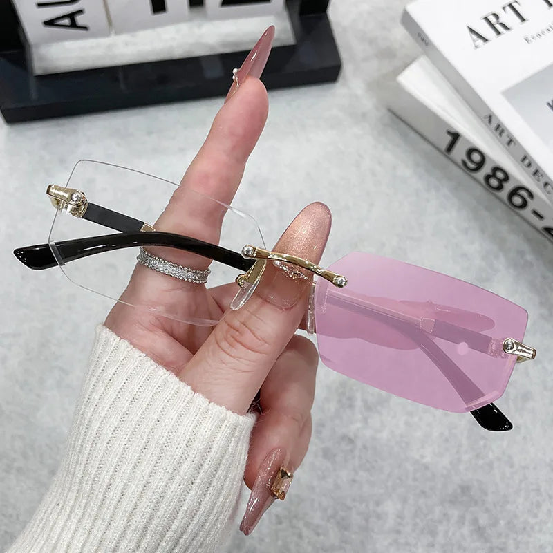 Rimless Rectangle Sunglasses – Trendy Unisex Small Square Shades for Men & Women, UV Protection Fashion Eyewear for Summer Travel