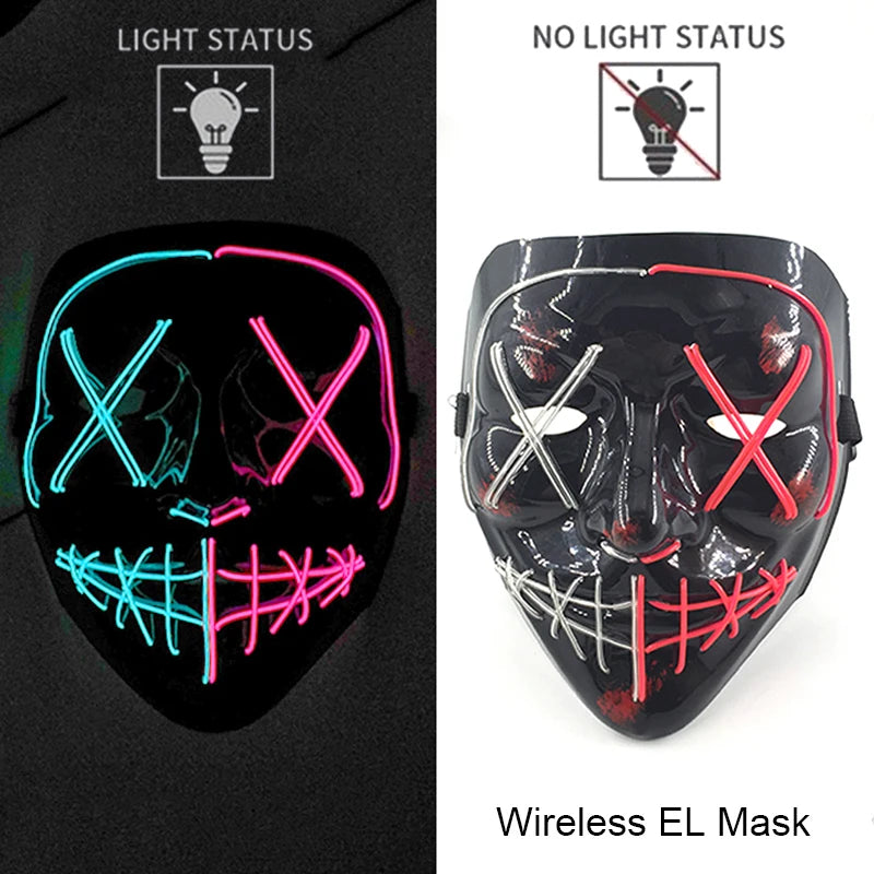 Wireless Neon LED Purge Mask – Glow in the Dark Horror Cosplay Mask for Halloween and Party Dress-Up