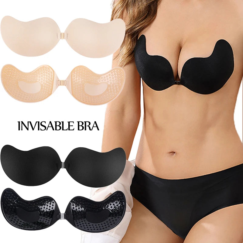Invisible Push Up Bra – Backless Strapless Self-Adhesive Silicone Bra for Women with Front Closure and Seamless Lift