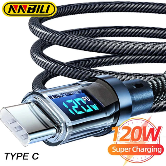 120W Type-C to Type-C Fast Charging Cable – LED Display Data Cord with Overcharge Protection