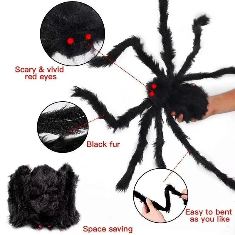 Giant Black Spider Halloween Decoration – Realistic Hairy Spider Prop for Indoor & Outdoor Haunted House and Party Decor (30–200cm)