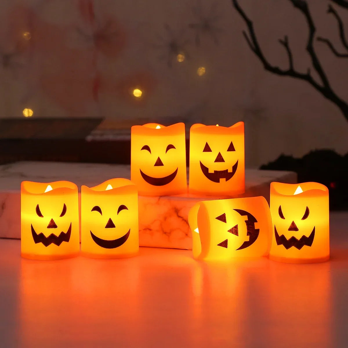 6PCS Halloween LED Candle Lights – Battery Powered Pumpkin, Skull, and Ghost Decorative Lights for Party and Home Décor