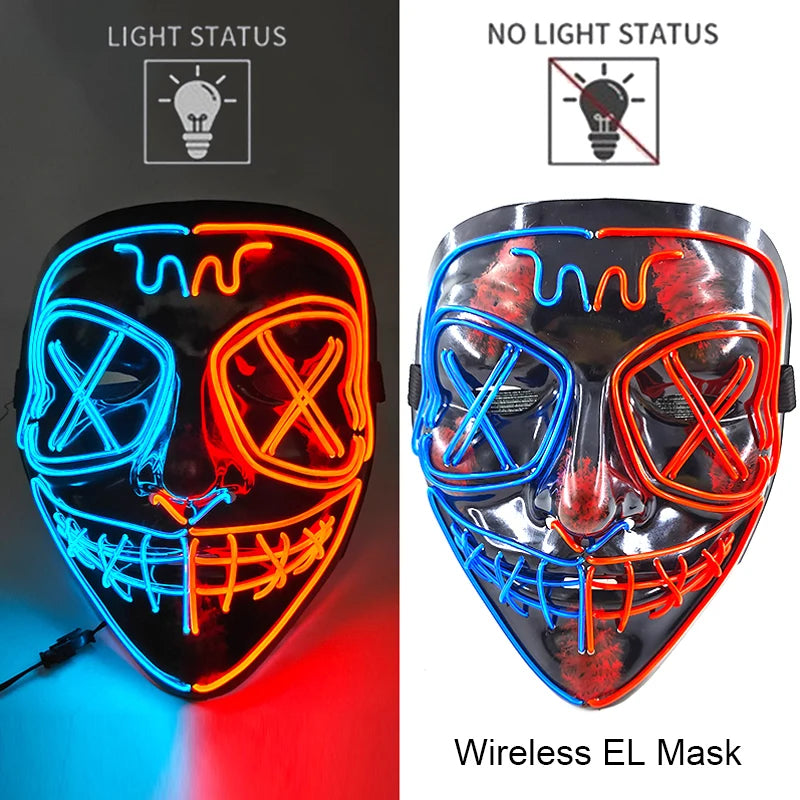 Wireless Neon LED Purge Mask – Glow in the Dark Horror Cosplay Mask for Halloween and Party Dress-Up