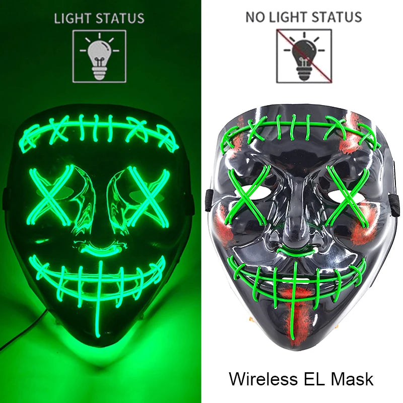 Wireless Neon LED Purge Mask – Glow in the Dark Horror Cosplay Mask for Halloween and Party Dress-Up