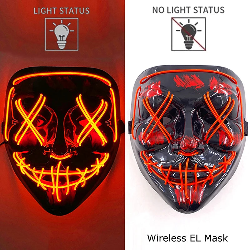 Wireless Neon LED Purge Mask – Glow in the Dark Horror Cosplay Mask for Halloween and Party Dress-Up