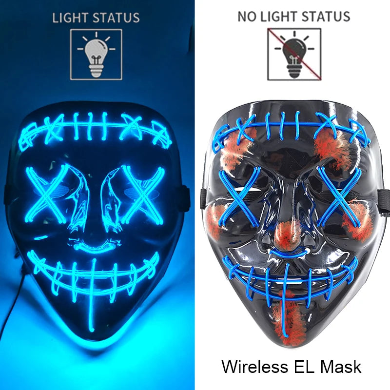Wireless Neon LED Purge Mask – Glow in the Dark Horror Cosplay Mask for Halloween and Party Dress-Up