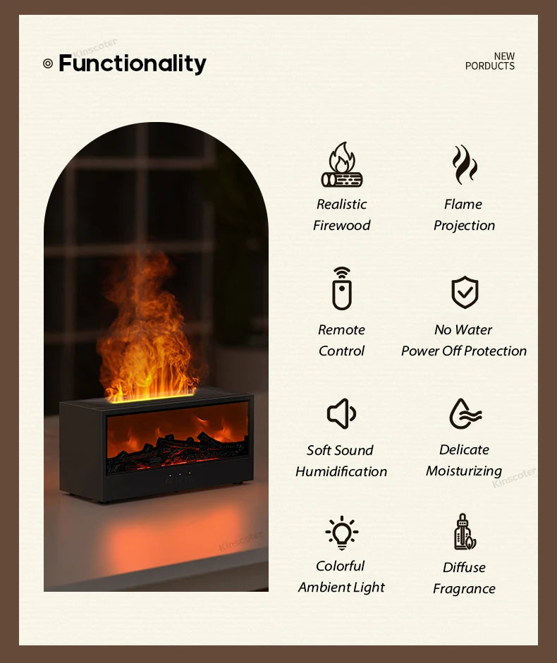 Fireplace Flame Aroma Diffuser – Essential Oil Humidifier with Remote & Colorful Ambient Lights (150ml)