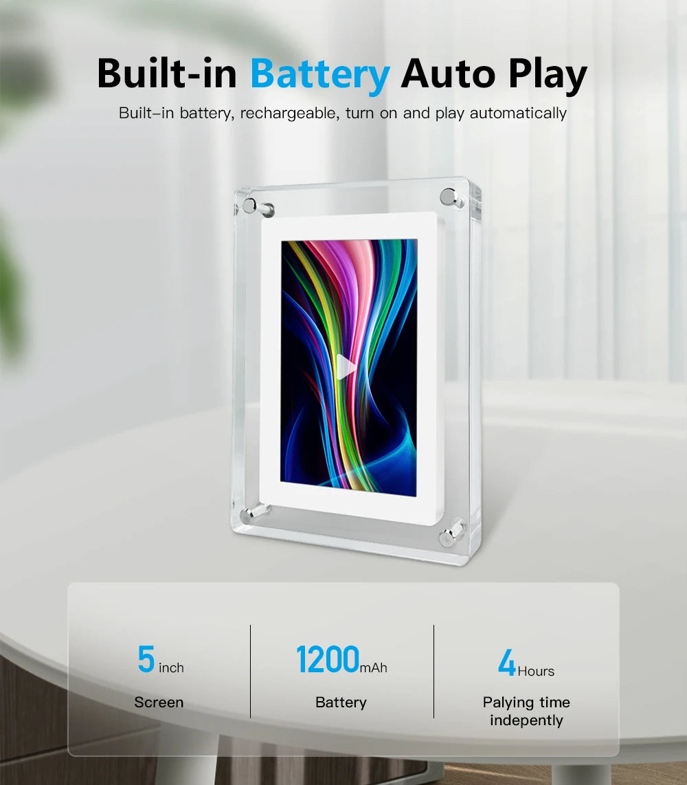 Acrylic Digital Photo Frame – 5 Inch IPS Display, Built-In Battery, 4GB Memory | Portable Digital Picture Frame
