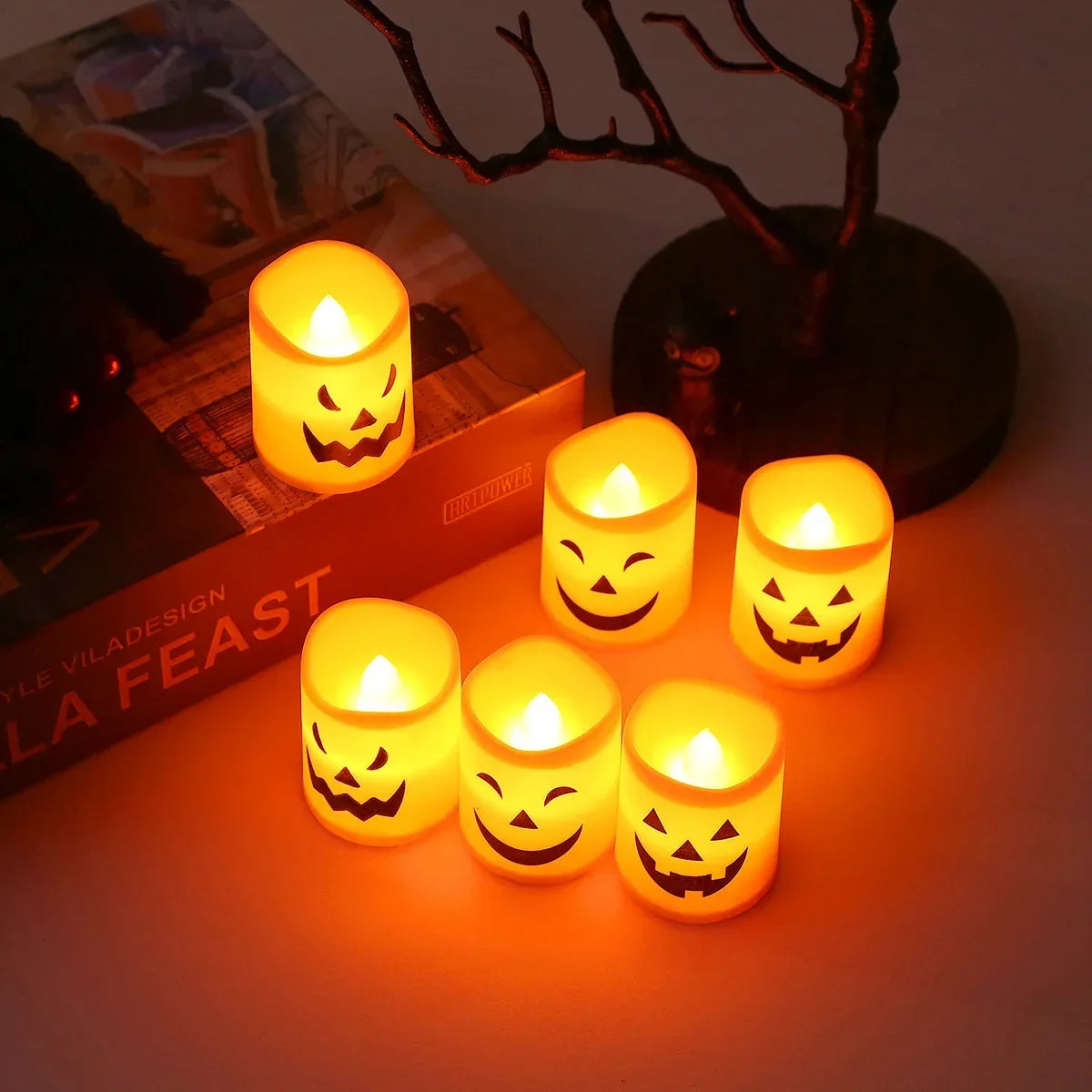 6PCS Halloween LED Candle Lights – Battery Powered Pumpkin, Skull, and Ghost Decorative Lights for Party and Home Décor
